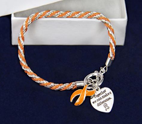 An orange ribbon charm and a heart charm that says, Where There Is Love There Is Life.