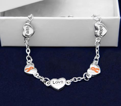 Orange and silver plated beaded stretch bracelet with a silver ribbon charm.
