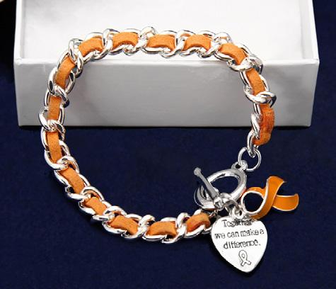 Sterling silver plated toggle bracelet with an orange string wrapped around a silver metal chain.