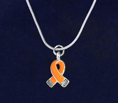 This sterling silver plated necklace is a 17 inch snake chain with a lobster clasp that has a large orange ribbon