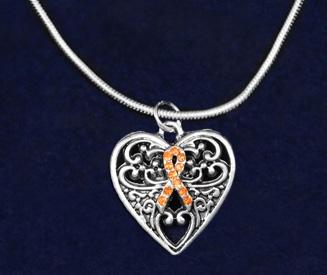 This sterling silver plated necklace is a 17 inch snake chain with a lobster clasp that has a small orange ribbon
