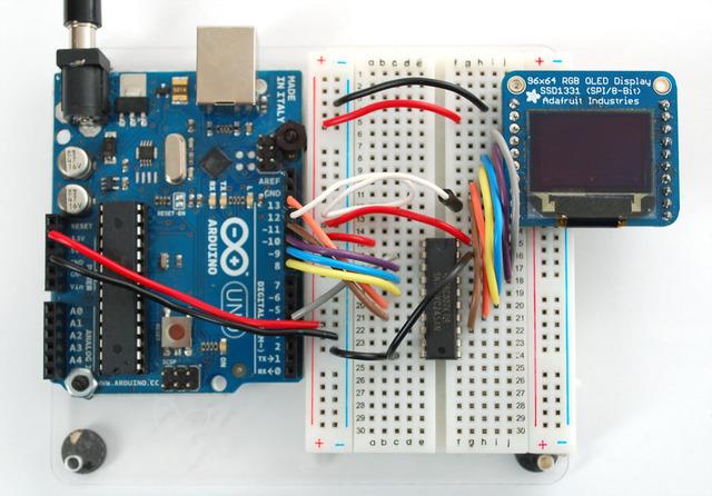 Old Style Board: (two rows of pins) Connect the third pin SD ChipSelect of the OLED (gray wire) to pin #18 of the 74LVC245. Then connect pin #2 of the 74LVC245 to Arduino Digital #4.