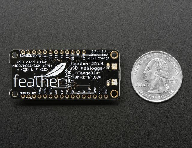 Here's some handy specs! Like all Feather 32u4's you get: Measures 2.0" x 0.9" x 0.28" (51mm x 23mm x 8mm) without headers soldered in Light as a (large?) feather - 5.1 grams ATmega32u4 @ 8MHz with 3.
