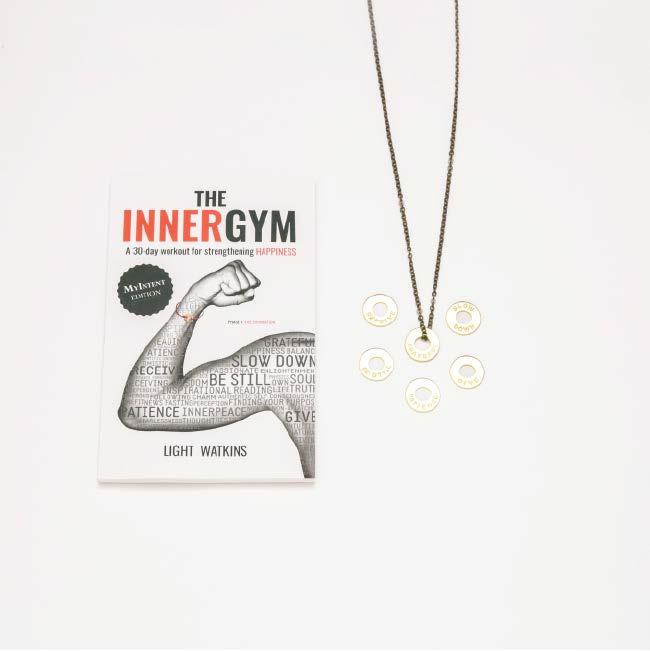 PACKAGE INCLUDES: THE INNER GYM BOOK, 1 BRASS CHAIN NECKLACE, 6 BRASS TOKENS WITH