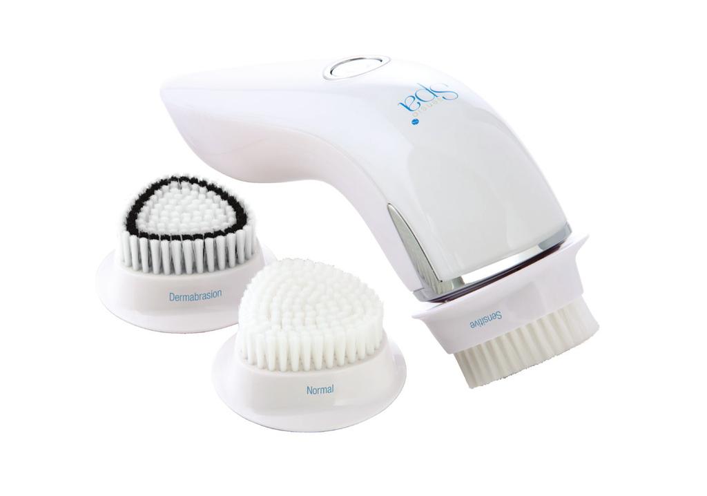 It operates with three exchangeable attachments; A brush head for normal skin, a brush