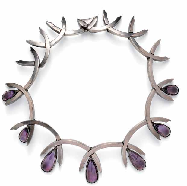 401 401 Sterling Silver and Amethyst Necklace, Antonio Pineda, Taxco, designed as a collar of arched links with graduating amethyst drops, interior cir. 14 1/2 in., signed.