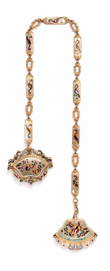 451 Antique Gold and Enamel Vinaigrette, the shaped vinaigrette with scalloped edge, polychrome enamel reserves and bird, butterfly, floral, and foliate motifs, suspended from a chain with enamel