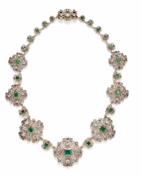 181 181 Emerald and Diamond Necklace, each quatrefoil link bezel-set with foil-back emeralds and old mine-cut diamonds, silver and 14kt gold mount, lg. 16 1/8 in., boxed.