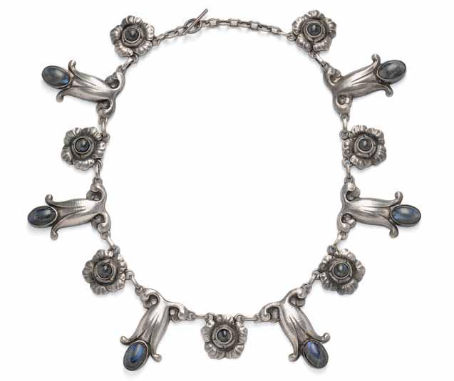 187 187.830 Silver and Labradorite Necklace, Georg Jensen, designed by Georg Jensen, the blossom links set with labradorite cabochons, lg. 14 1/8 in., no.