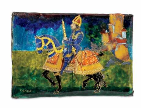 213 213 Arts & Crafts Limoges Enamel Panel, Frank Gardner Hale, depicting a knight on horseback with a castle in the distance, 5 x 3 3/8 in., signed F.G.Hale in the enamel.