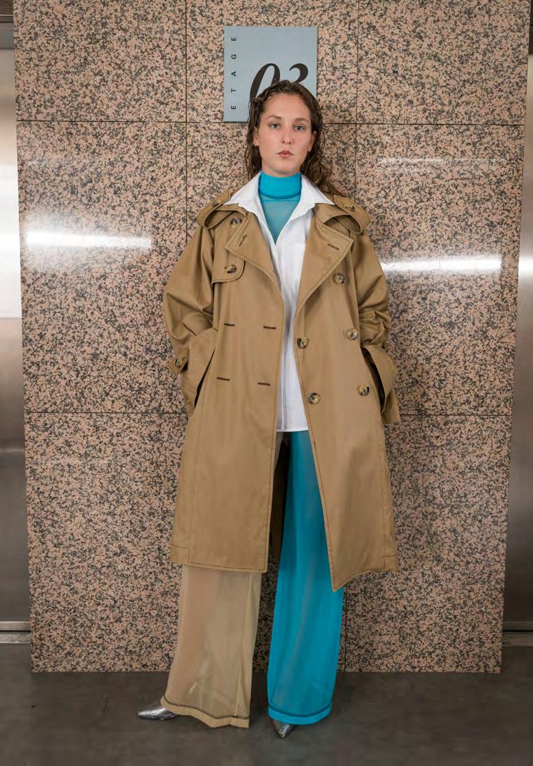 LOOK 8 SS1808C02 OVERSIZED TRENCHCOAT OVERSIZED A-LINE TRENCHCOAT FEATURING OVERSIZED HORN LOOK BUTTONS AND CHUNKY BELTING. SPECIAL CONSTRUCTION ON EPAULETTES AND BELT LOOPS.