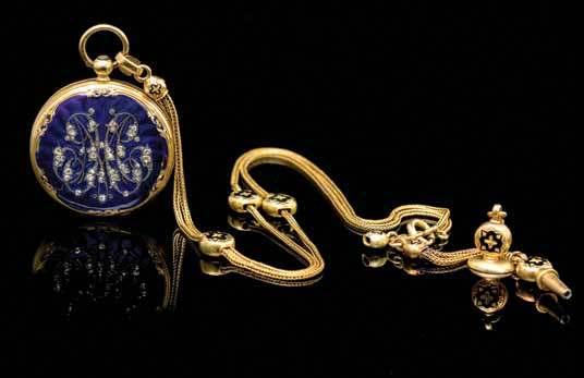 49 48 48 A Yellow Gold, Enamel, Diamond and Seed Pearl Hunter Case Pendant Watch, French, 33.