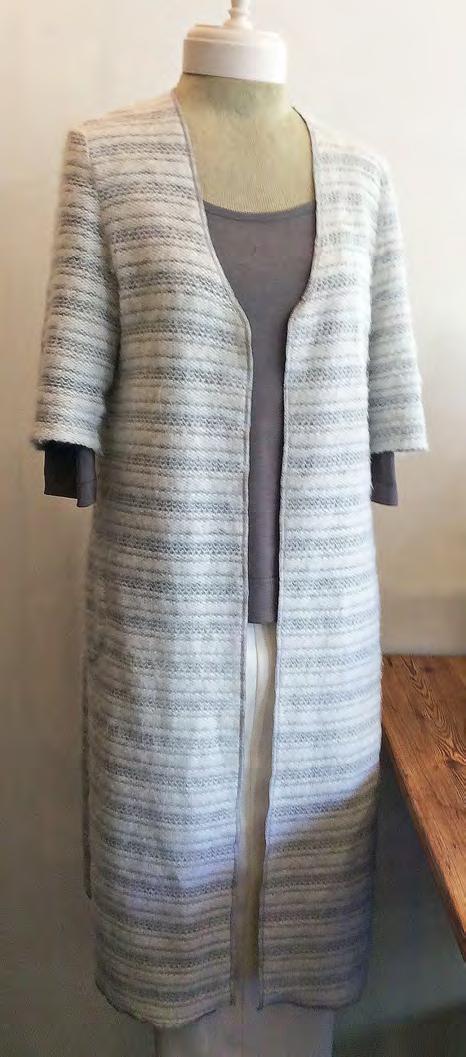 Check the Sale Fabric! This striped knit is there!! Another great combo with the same white pants! A long coat worn over a charcoal jersey Bianca and white pants.