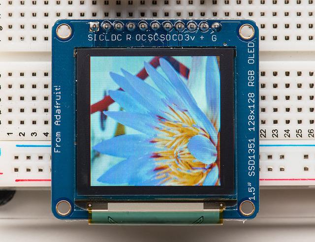 Board Technical Details 1.5" diagonal OLED, 16-bit color SPI interface 3.3-5V logic and power Micro-SD card holder Dimensions: 43.