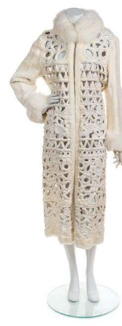 auction HIGH LIGH TS 41 52 53 41* A Chie White Open Work Fur Coat, with fur trimmed collar and cufs, embroidered and cut out detail, and