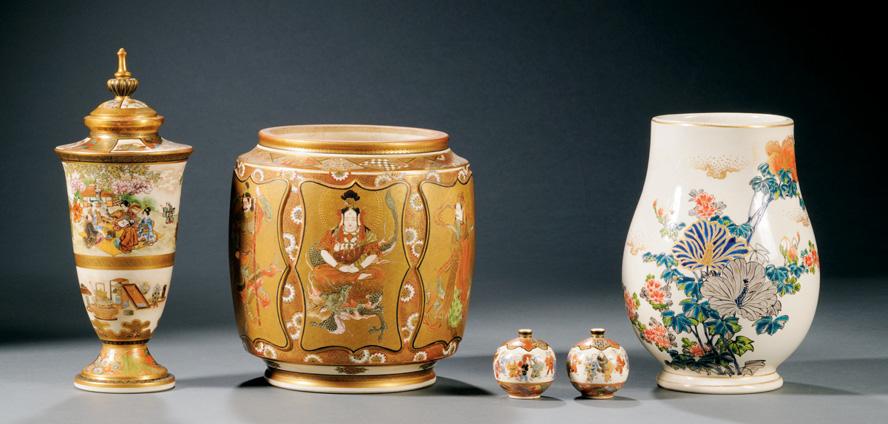Two Satsuma Vases, late 19th century, scenes of courtiers, women, and brocade patterns, ht. 4 and 5 742.