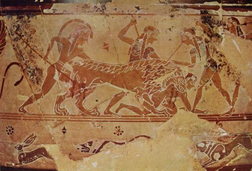 P a g e 82 Figure 1. Youths ambushing a lion on the central frieze. The Chigi vase.