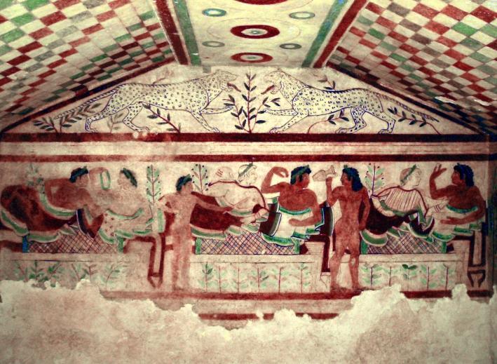 P a g e 89 Figure 19: Reclining couples banquet under painted tapestry. Tomb of the Leopards, Tarquinia.