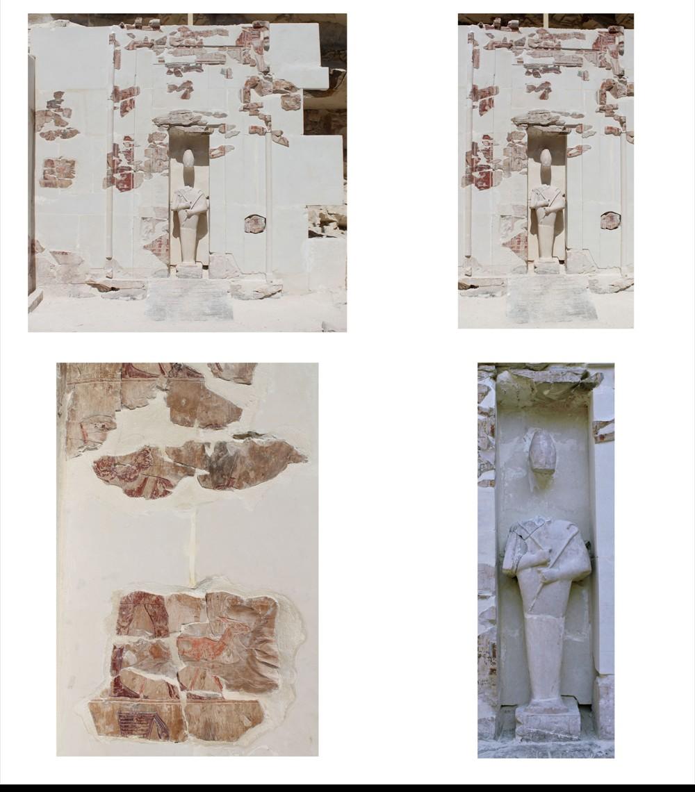 False Door in Second Pillared Hall with close up of an offering bearer (LHS) and Osiris (RHS) This season the door was built up to 295 cm (right under the cavetto, including torus) The reconstruction