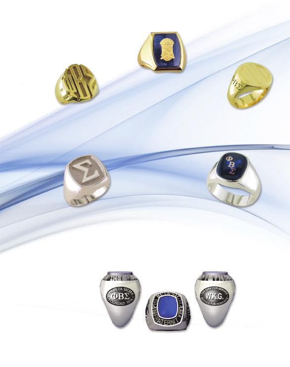 Rings R100 ΦΒΣ Raised Logo Signet Ring in sterling silver, 10K and 14K R101 ΦΒΣ Blue Sapphire Ring with Crest in sterling silver, 10K and 14K R102 ΦΒΣ Signet Ring with Engraved Initials in sterling