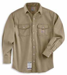 6 FRS160 ORIGINAL FIT 7-ounce, FR twill: 88% cotton/12% high-tenacity nylon Button-down collar with button closure FR melamine buttons throughout Two chest pockets with flaps and button closures