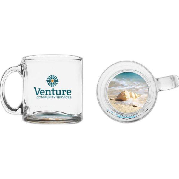 front and website on right side Coffee Mug 13 oz, clear glass