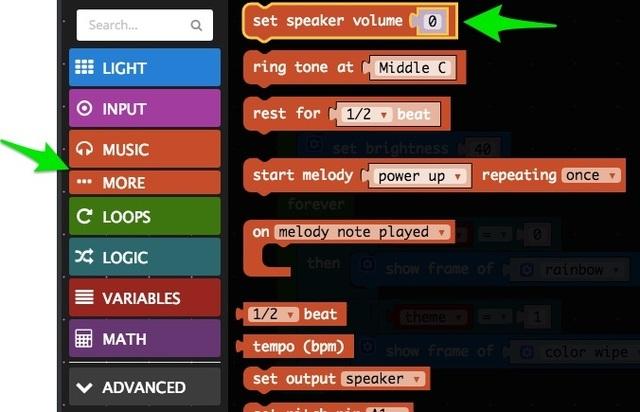 To begin with, click the MUSIC category, then click on the MORE button, then chose the set speaker volume button.