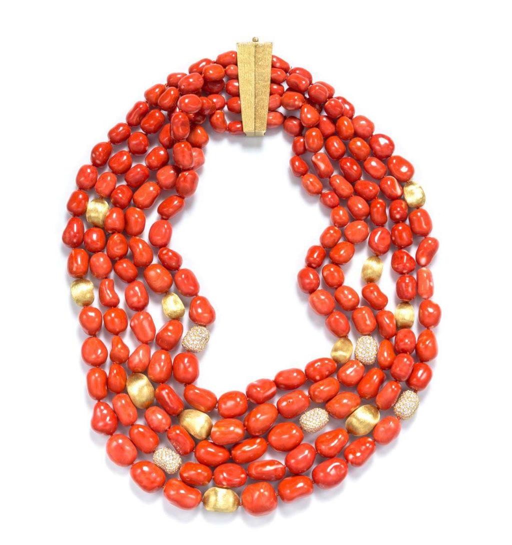 Henry Dunay Lot 475 An 18 Karat Yellow Gold, Coral and Diamond Multi Strand Necklace, Henry Dunay, consisting of five strands of graduated tumbled orange red coral beads measuring approximately 8.