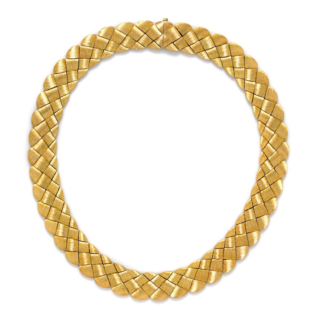 Lot 448 An 18 Karat Yellow Gold Collar Necklace, Henry Dunay, in an interwoven design, the links finished in a Sabi texture
