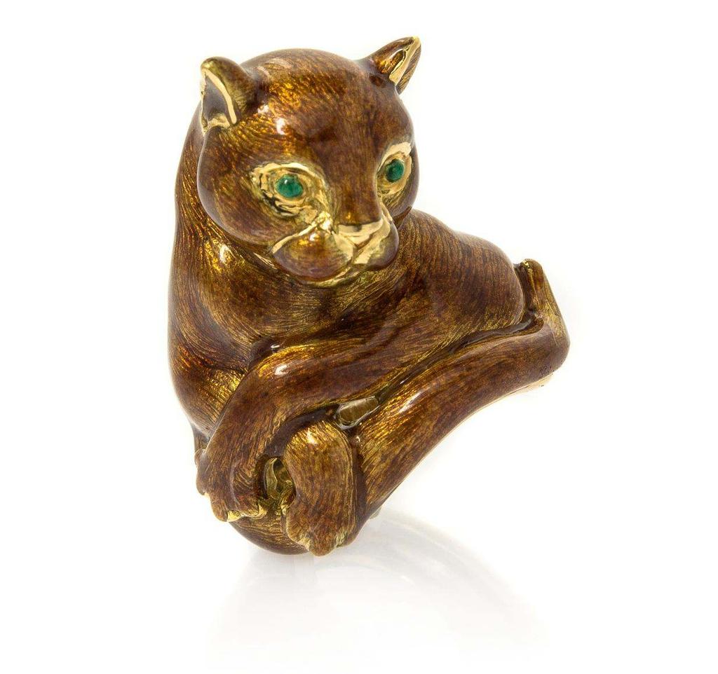David Webb Lot 398 An 18 Karat Yellow Gold and Polychrome Enamel Cat Ring, David Webb, depicting a cat in repose, accented