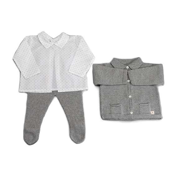 Baby Set (Munich) Atelier RP: 126.50 BBDPATELIER4 White blouse with grey polka-dot pattern. Straight collar and long sleeves. Fastening in the back with three white buttons.