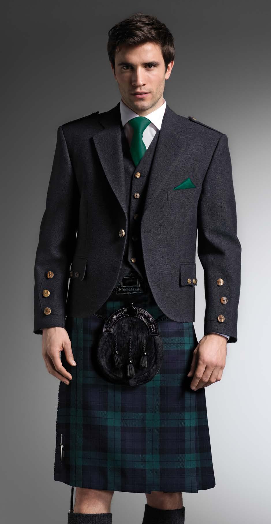 Sporran, Dark Green Tie and matching Hankie Scottish Spirit Kilt Worn with Grey Tweed Jacket, 5-Button Waistcoat, Victorian
