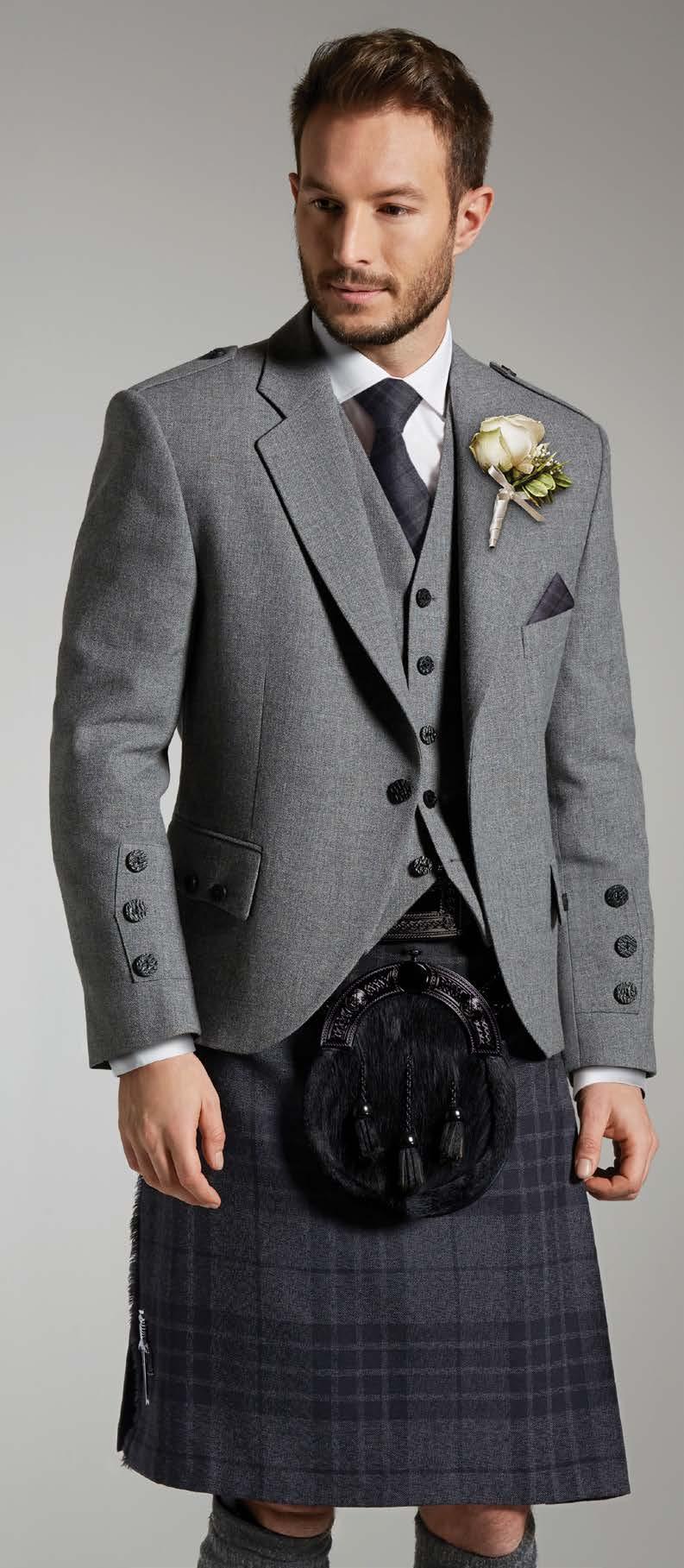 Grey Spirit Kilt Worn with Light Grey Tweed Jacket, 5-Button Waistcoat, Plain Collar Shirt, Dark Cantle Sporran,