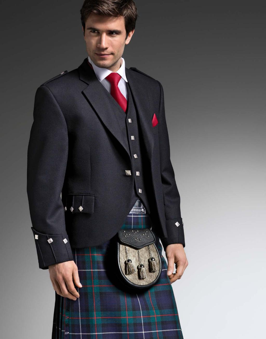 Spirit of Scotland Kilt Worn with Dark Button Argyll Jacket, High Button Waistcoat, Victorian Collar Shirt, Dark Cantle Sporran, Purple Ruche and matching Hankie Argyll