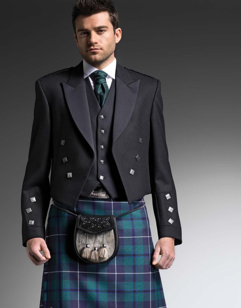 Flower of Scotland Kilt Worn with Black Prince Charlie Jacket, 3-Button Waistcoat, Black Satin Bow Tie, Victorian Collar Shirt and Dress Sporran Prince Charlie Collection
