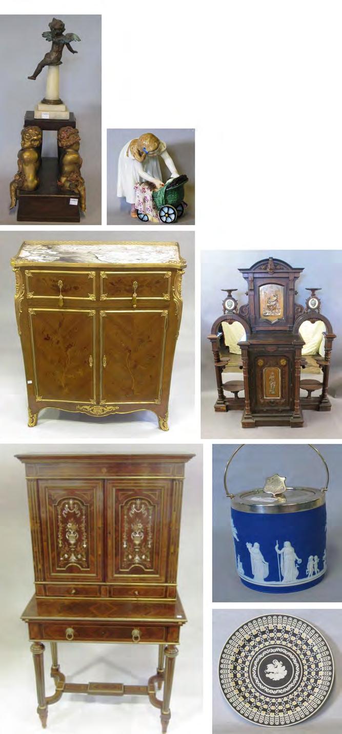 Peachtree & Bennett 12 78 METAL AND WOOD PUTTI GARNITURE 80 ROSEWOOD BONHEUR DU JOUR fitted with two mother of pearl and specimen wood Comprised of 19th century elements, a pair of inlaid doors above