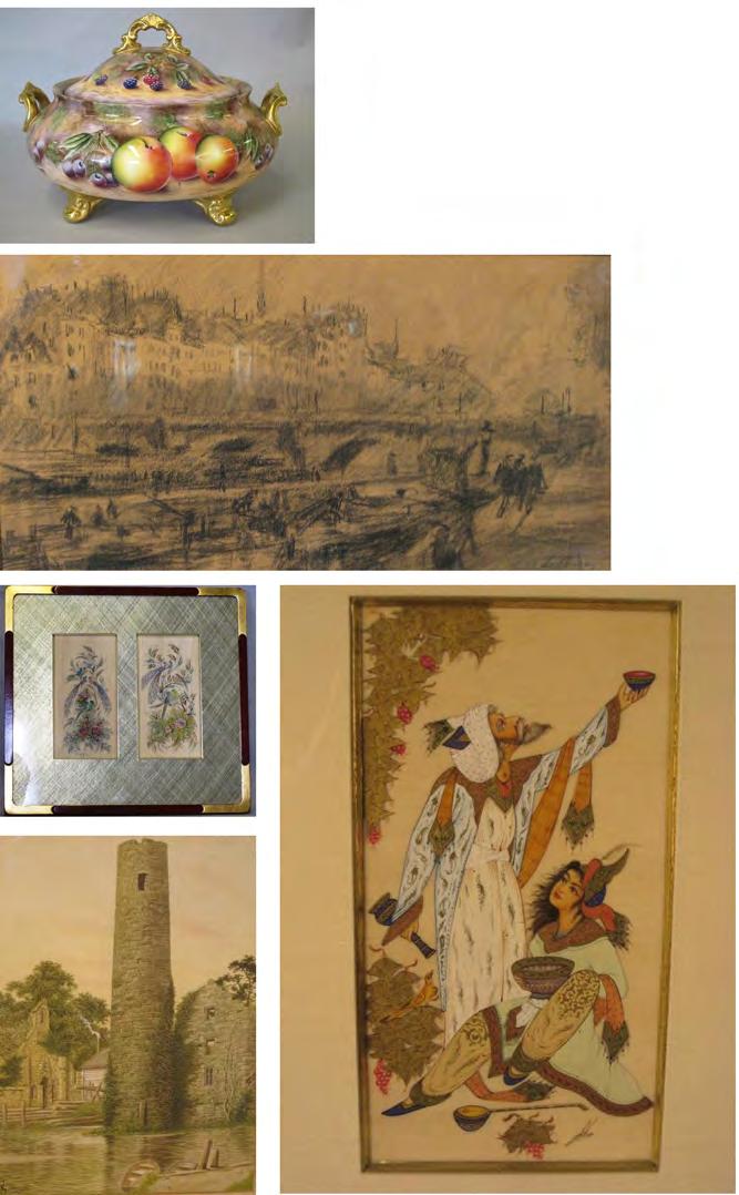 7 27 FRAMED PAINTINGS 28 PAIR OF PERSIAN ON IVORY PAINTINGS ON IVORY Two miniature ink and color Ink, color, and gilt depicting a man and paintings on ivory depicting birds, woman with various