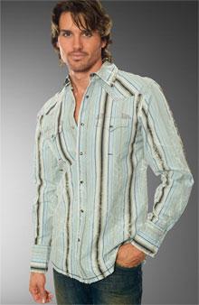 Shirt with convertible collar often closed with snaps.