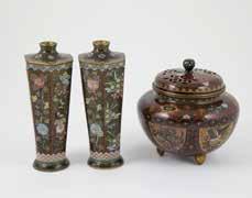Ware including large circular lidded box, writing box, two shallow dishes, spoon and candleholder, together with a small quantity of metalware including brass water pourer 385 Sumida Gawa Vase