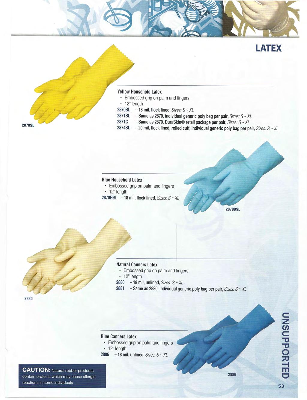 LATEX 287SL Yellow Household Latex Embossed grip on palm and fingers 12" length 287SL -18 mil, flock lined, Sizes: S - XL 2871SL - Same as 287, individual generic poly bag per pair, Sizes: S- XL 2871