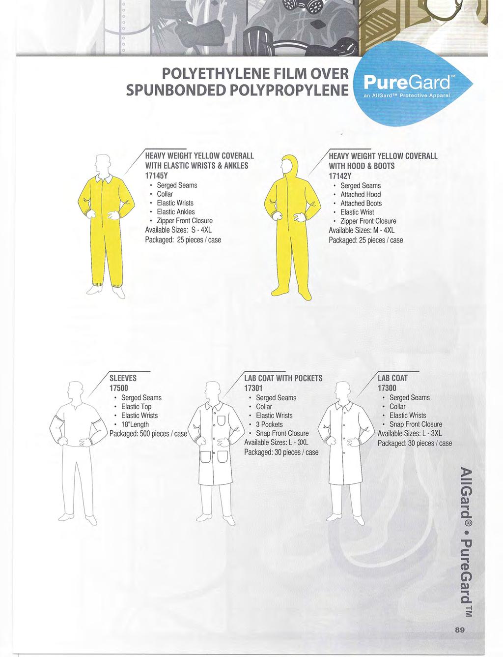 C,o POLYETHYLENE FILM OVER SPUNBONDED POLYPROPYLENE HEAVY WEIGHT YELLOW COVERALL WITH ELASTIC WRISTS & ANKLES 17145Y Serged Seams Collar Elastic Wrists Elastic Ankles Zipper Front Closure Available