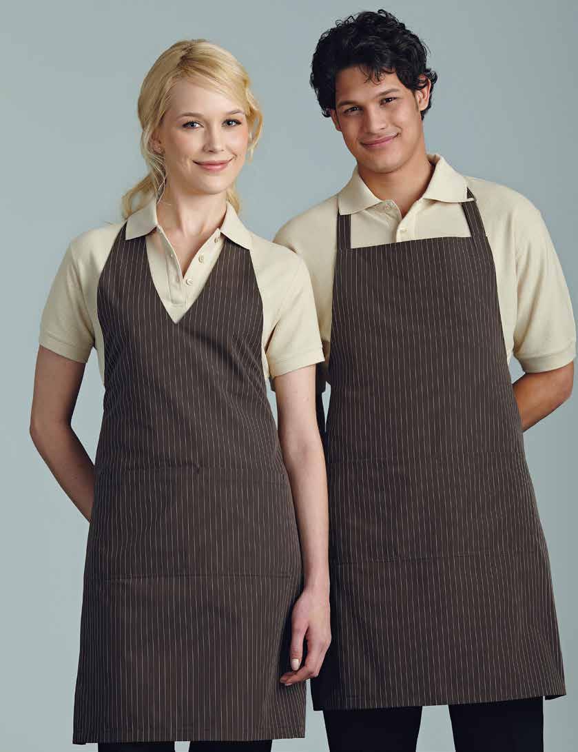GUSTO BIB APRON IN APPLE GREEN 13 BIB APRON IN CHOCOLATE WITH WHITE GANGSTER CUISTO HAT Chocolate with white gangster stripes. Regular or large (419) 9 STRIPES 19.75 ea.