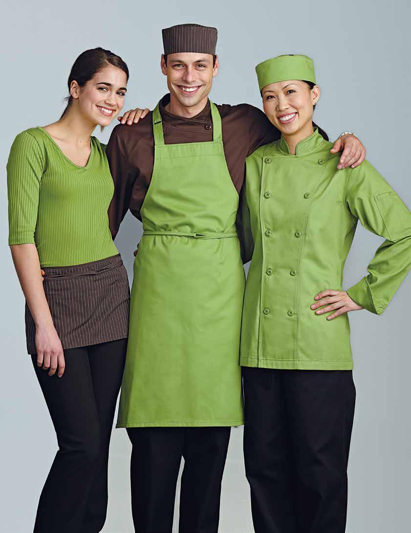 MEN S GUSTO CHEF COAT Chocolate. S to XL (810) 32 XXL (820) 37 XXXL (830) 43 GUSTO BIB APRON Apple green. Without a pocket. One size (622) 13 GUSTO CUISTO HAT Apple green.