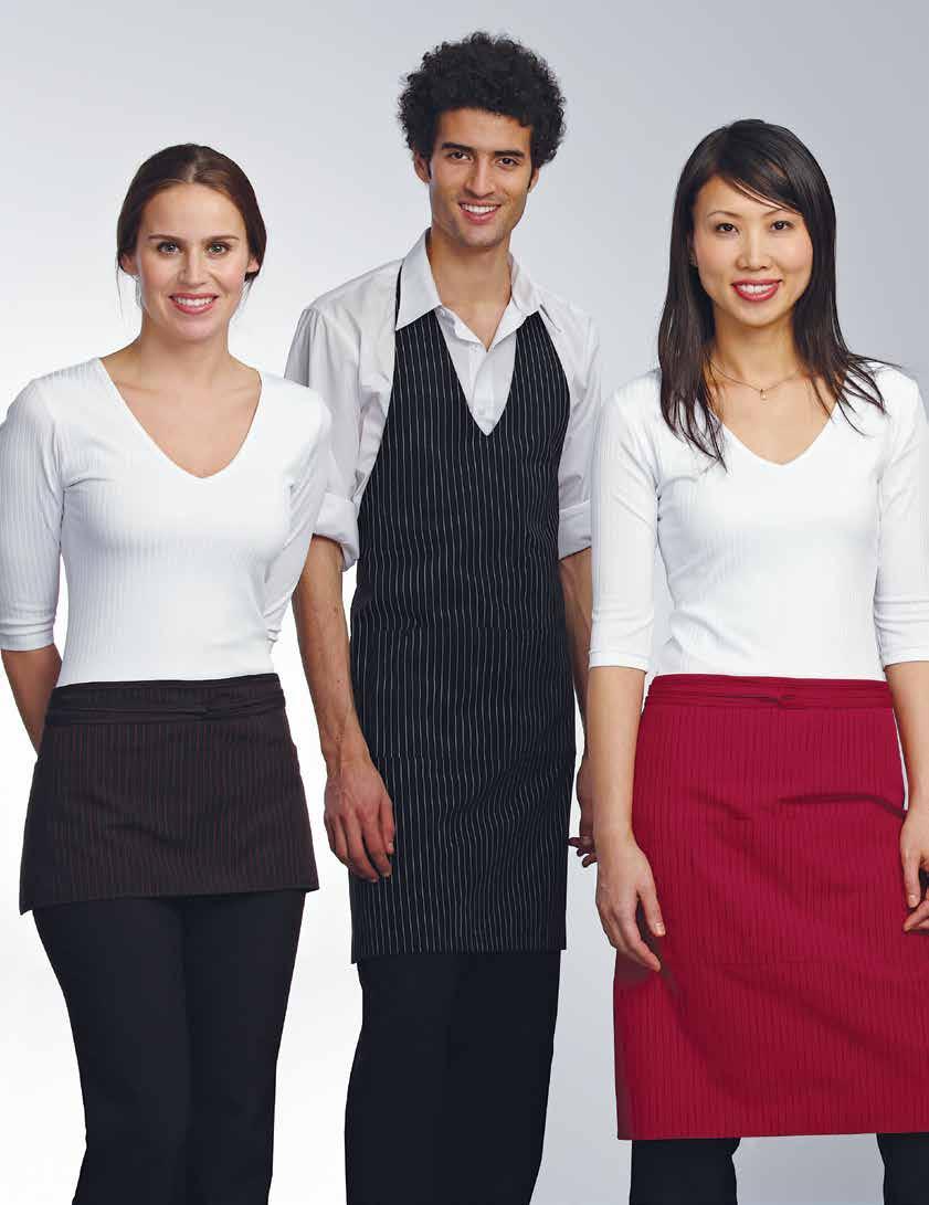 The gangster striped aprons each have a large divided pocket with a space for pens except for the waist apron which has 3 pockets, are a blend of 65% polyester and 35% cotton, and
