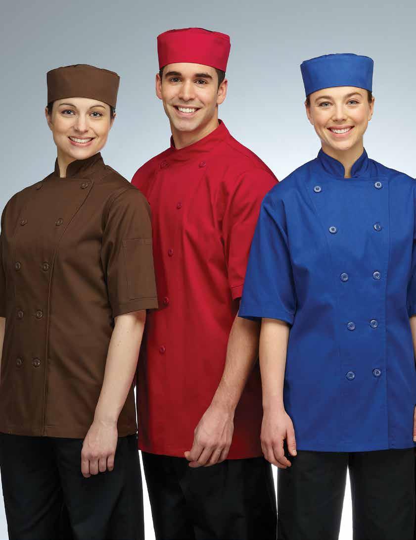 GUSTO CHEF COAT Long and short sleeves available, divided thermometer pocket on left sleeve, reversible closure, 10 plastic sewn on