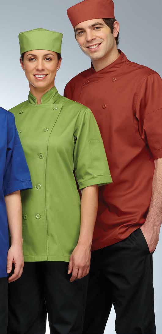 Chocolate, cherry, cobalt blue, apple green and saffron. Men s chef coat with cross-over collar. Short Sleeves. Long Sleeves.