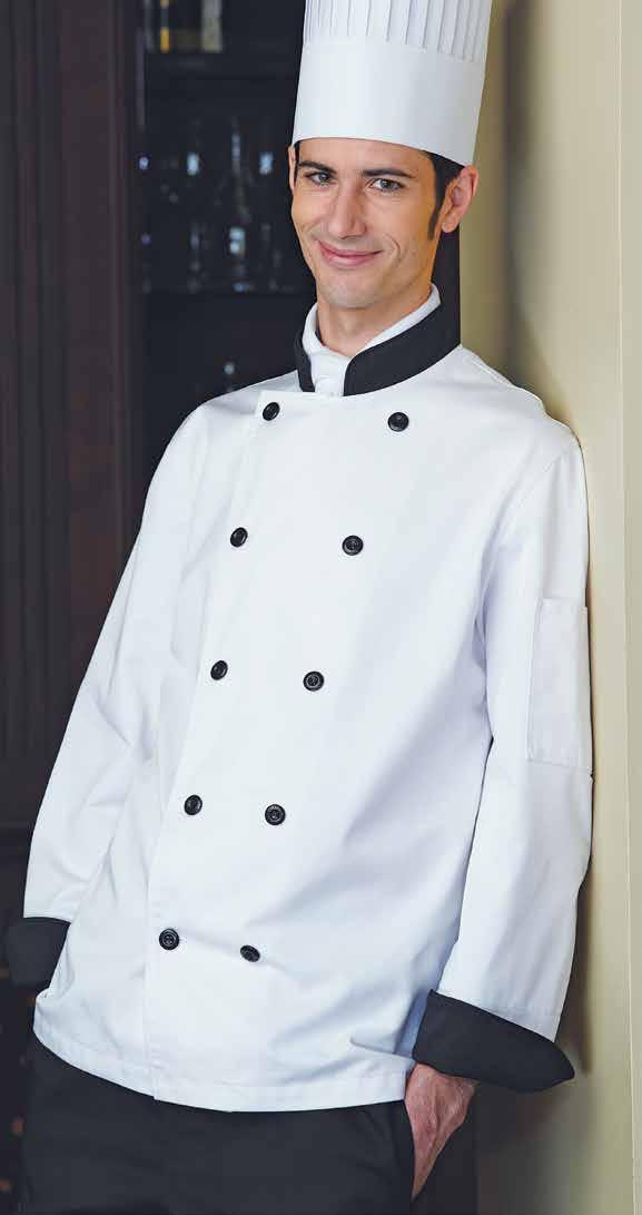 XS to XL (908) 32 XXL (918) 37 XXXL (928) 43 FIORI CHEF COAT Long and short sleeves available, divided thermometer pocket on left sleeve, mandarin collar, reversible closure, 10 black