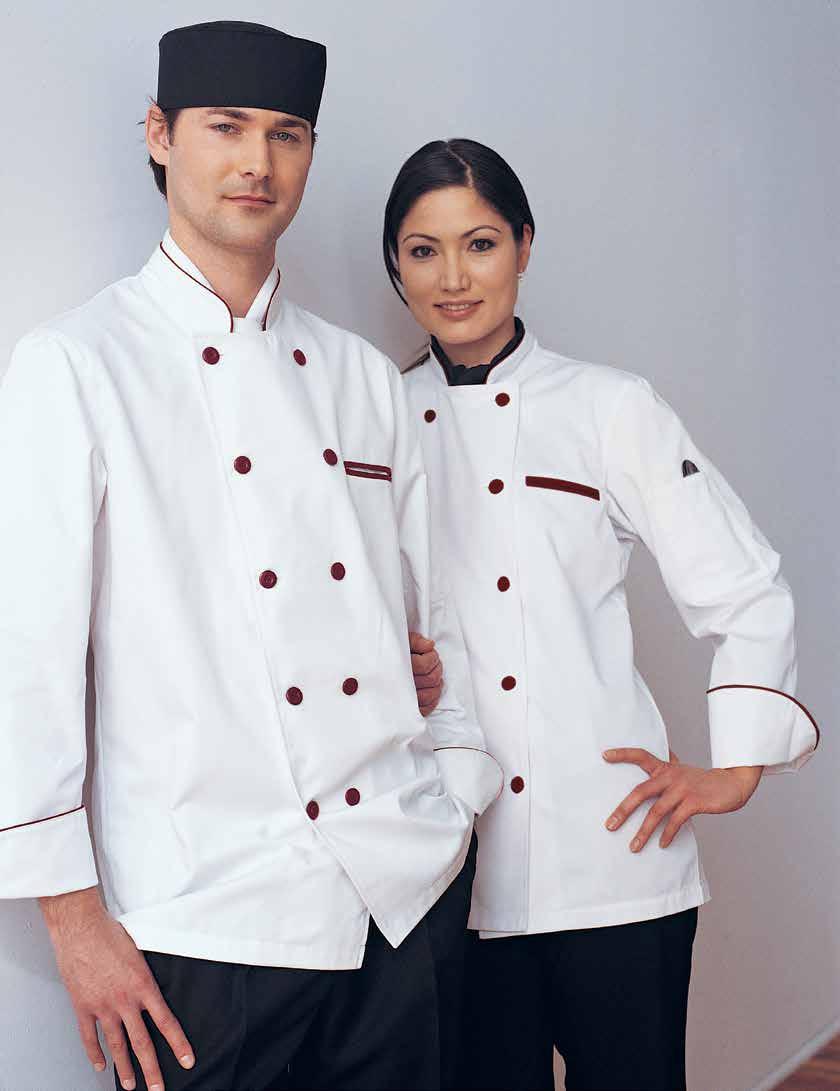 32 NEW YORK CHEF COAT Long and short sleeves available, divided thermometer pocket on left sleeve, mandarin collar, reversible closure, 10 plastic sewn on buttons of same colour as trim, underarm