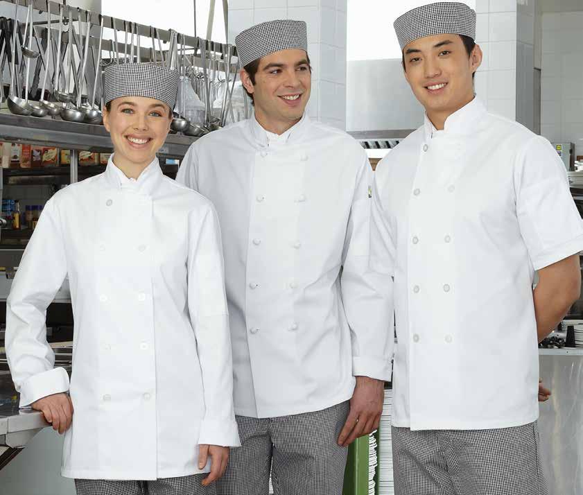 INTERNATIONAL I CHEF COAT Long sleeves, divided thermometer pocket on left sleeve, mandarin collar, reversible closure, 10 plastic buttons, 65% polyester, 35% superior quality cotton, washable. White.