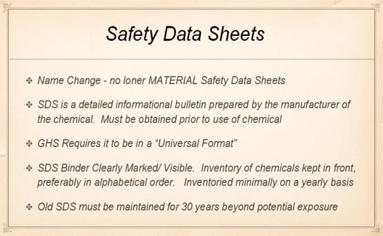 Slide 16 The Safety Data Sheet is a detailed bulletin prepared by the manufacturer about their product.